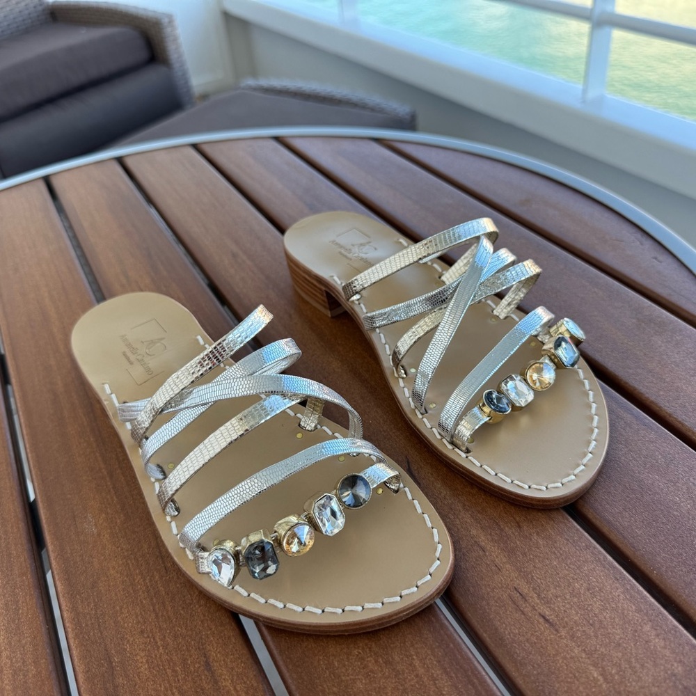 Italian Leather Silver and Gold Strappy Sandals with Gem Accents